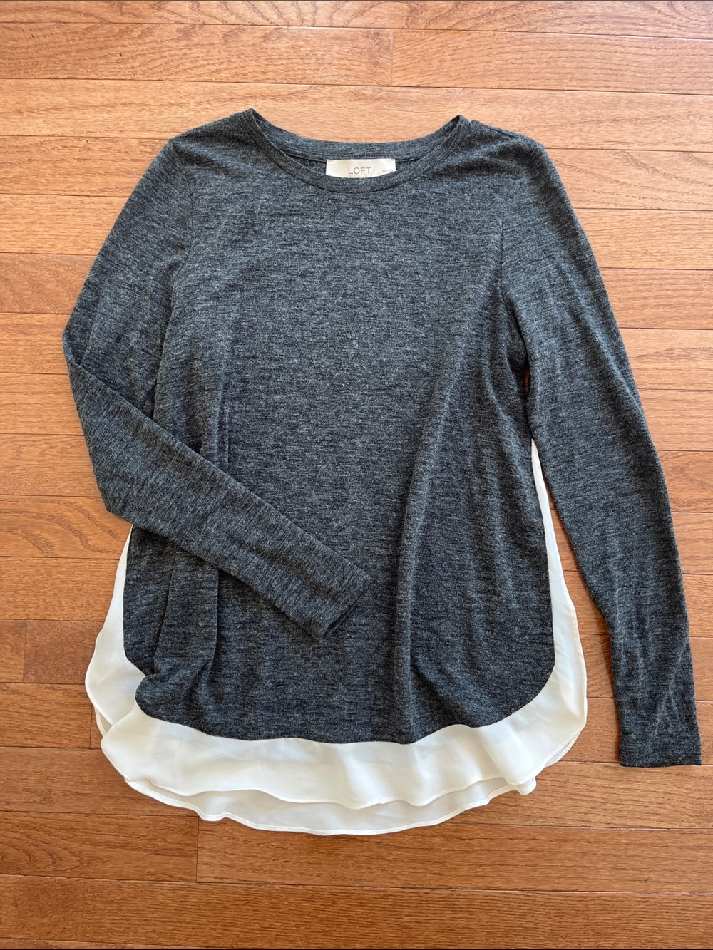 LOFT Charcoal Gray Long-Sleeve Knit Top with White Layered Hem